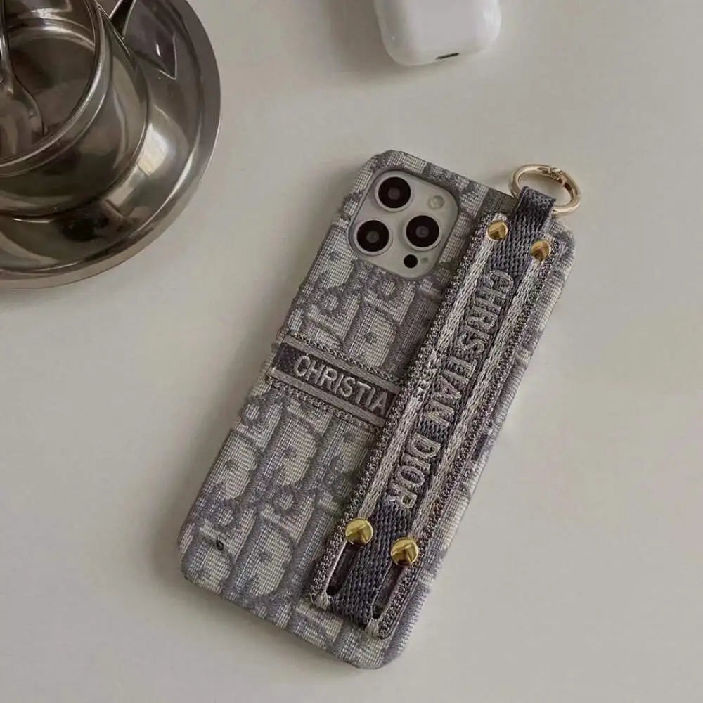 iPhone 14 Luxury CD Wrist Belt Leather Mobile Case Cover (Grey)