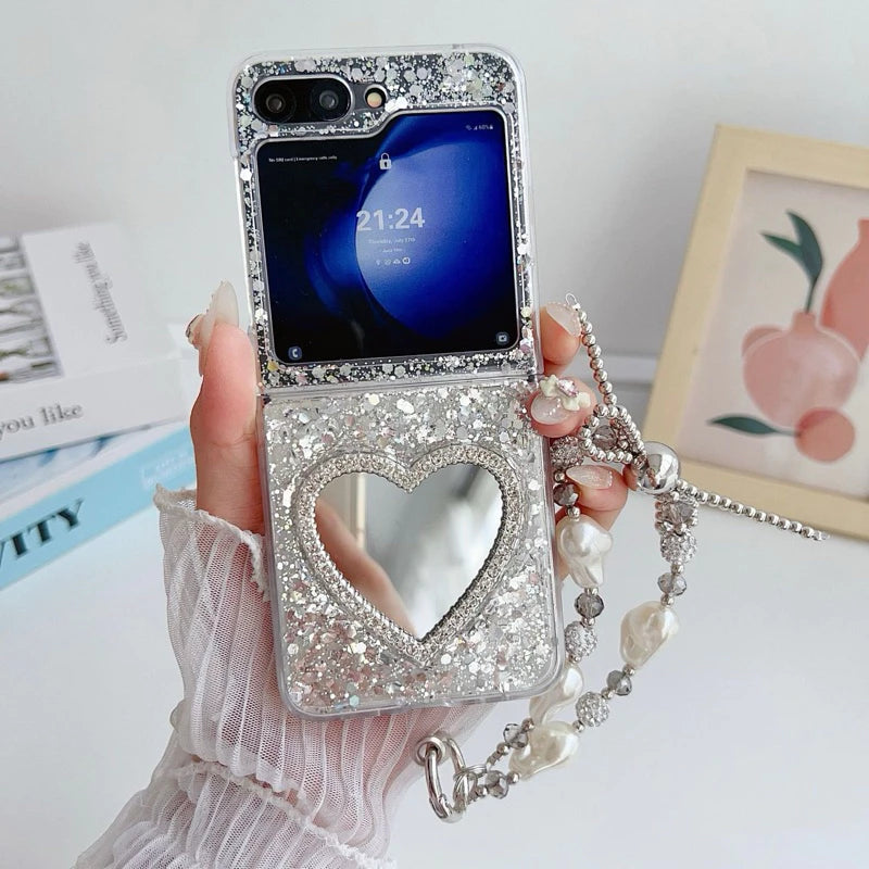 Samsung Galaxy Z Flip 6 Heart Glass Diamond with Charms Mobile Case