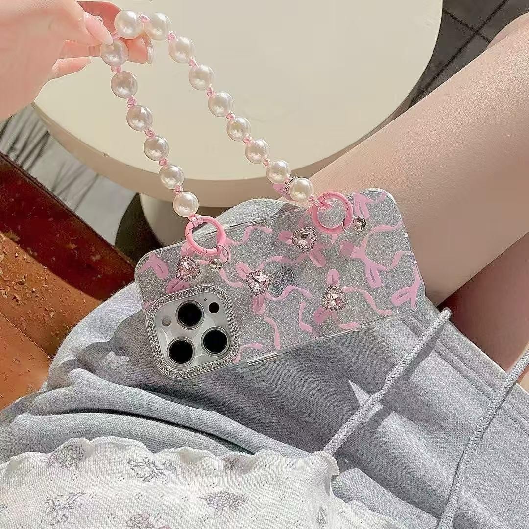 iPhone 16 Pro Max Cute Pink Ribbon Case Cover With Pearl Charm