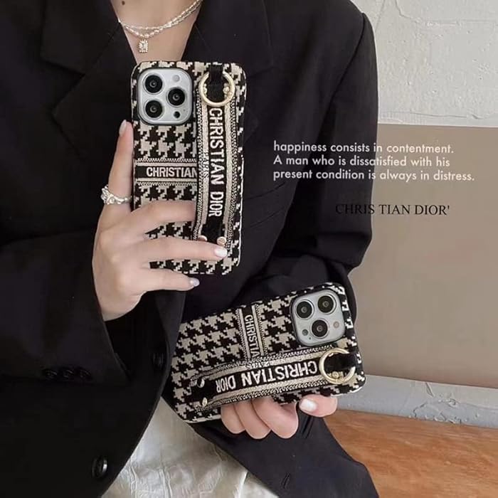 iPhone 15 Plus Luxury CD Wrist Belt Leather Mobile Case Cover