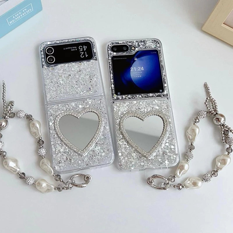 Samsung Galaxy Z Flip 6 Heart Glass Diamond with Charms Mobile Case