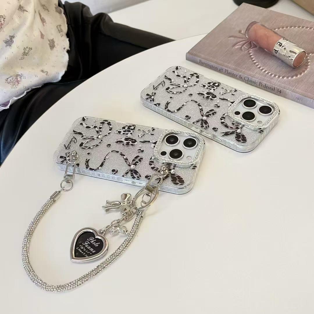 iPhone 14 Cute Black Ribbon Heart Case Cover With Charm