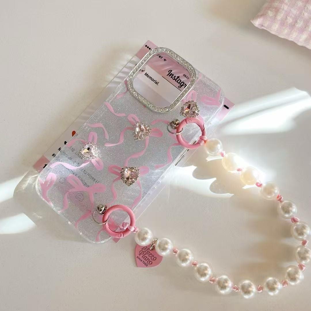 iPhone 16 Pro Max Cute Pink Ribbon Case Cover With Pearl Charm