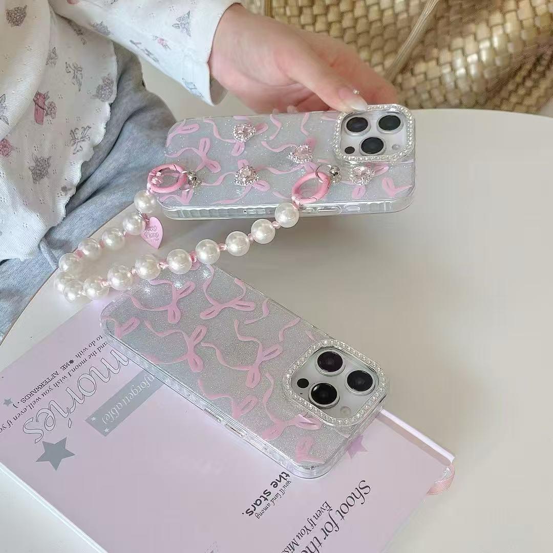 iPhone 16 Pro Max Cute Pink Ribbon Case Cover With Pearl Charm