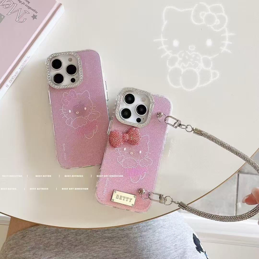 iPhone 16 Pro Max Cute Pink Ketty Case Cover With Pearl Charm