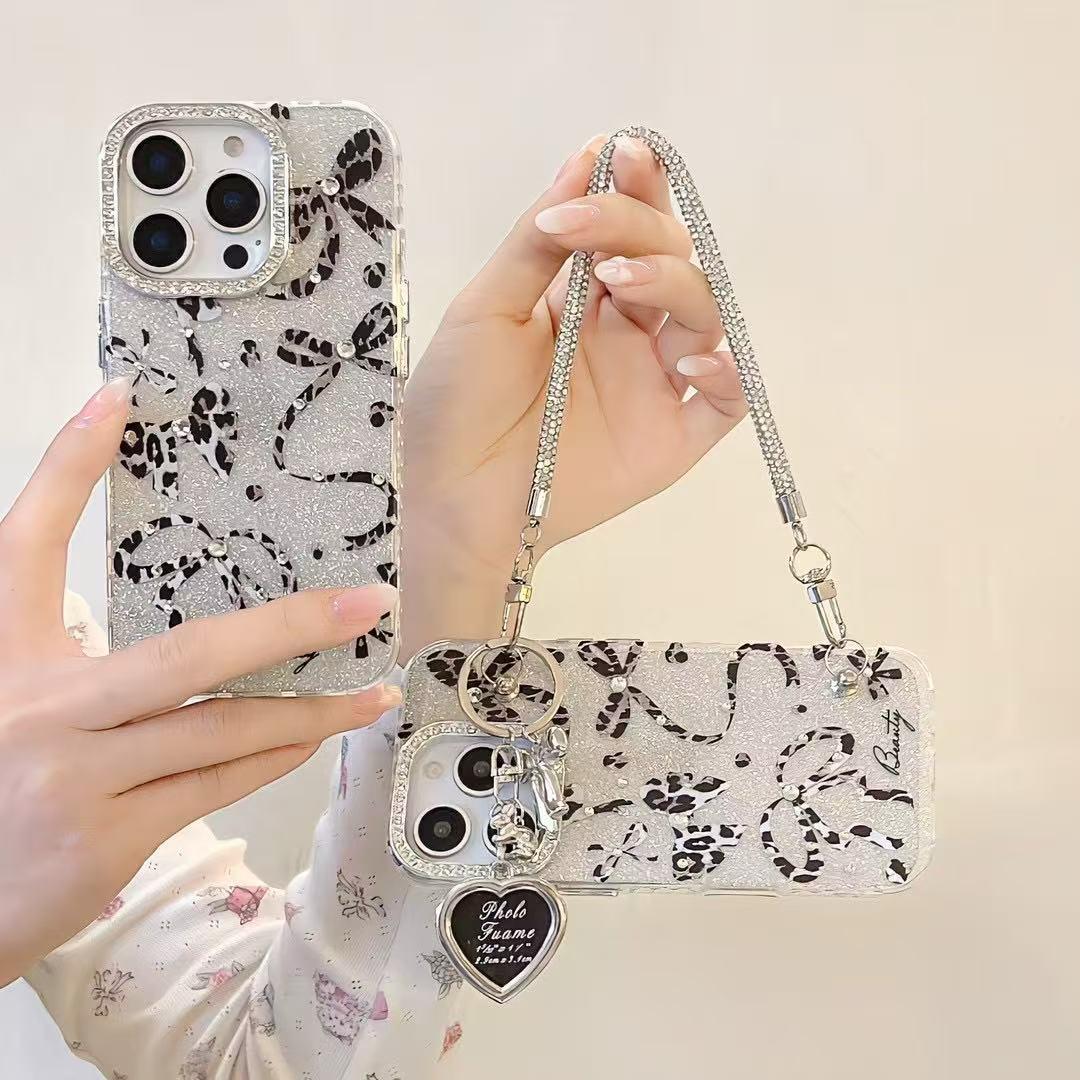 iPhone 14 Cute Black Ribbon Heart Case Cover With Charm