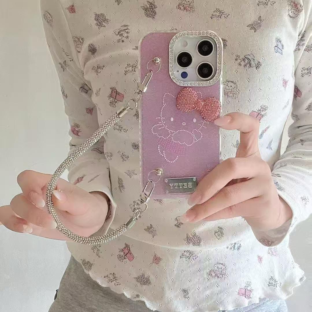iPhone 16 Pro Max Cute Pink Ketty Case Cover With Pearl Charm