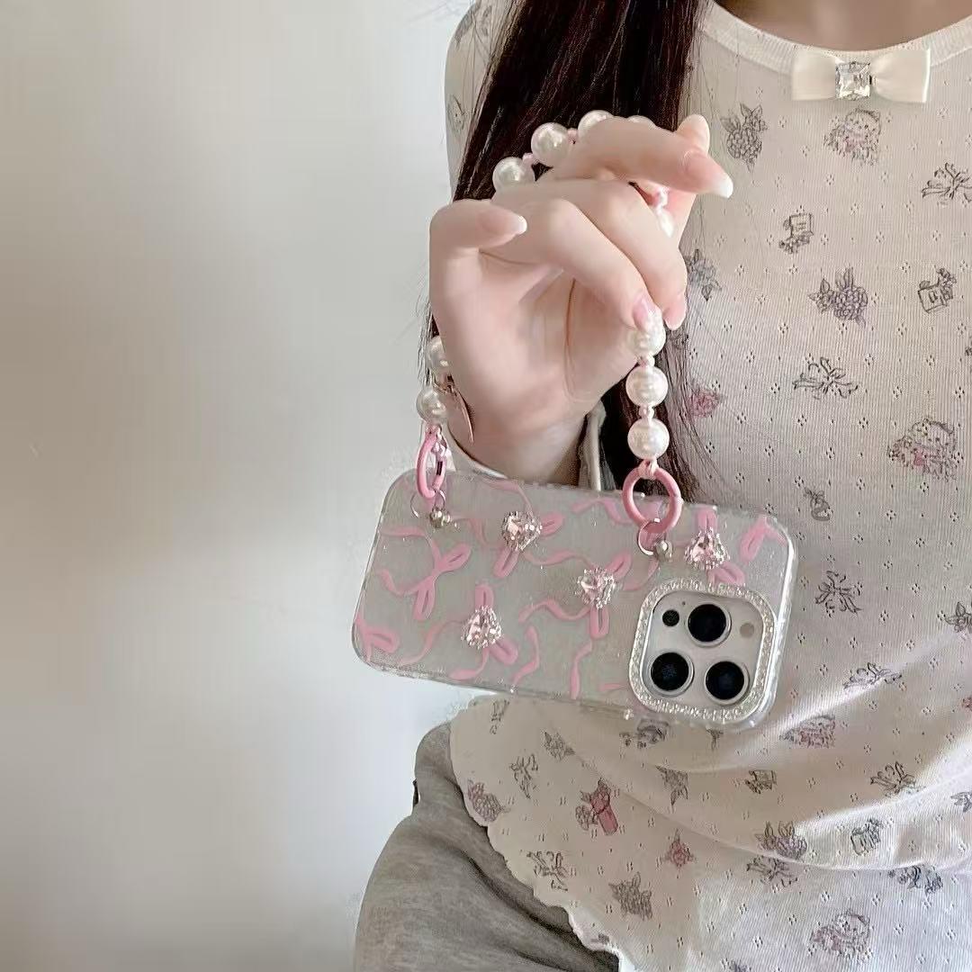 iPhone 16 Pro Max Cute Pink Ribbon Case Cover With Pearl Charm