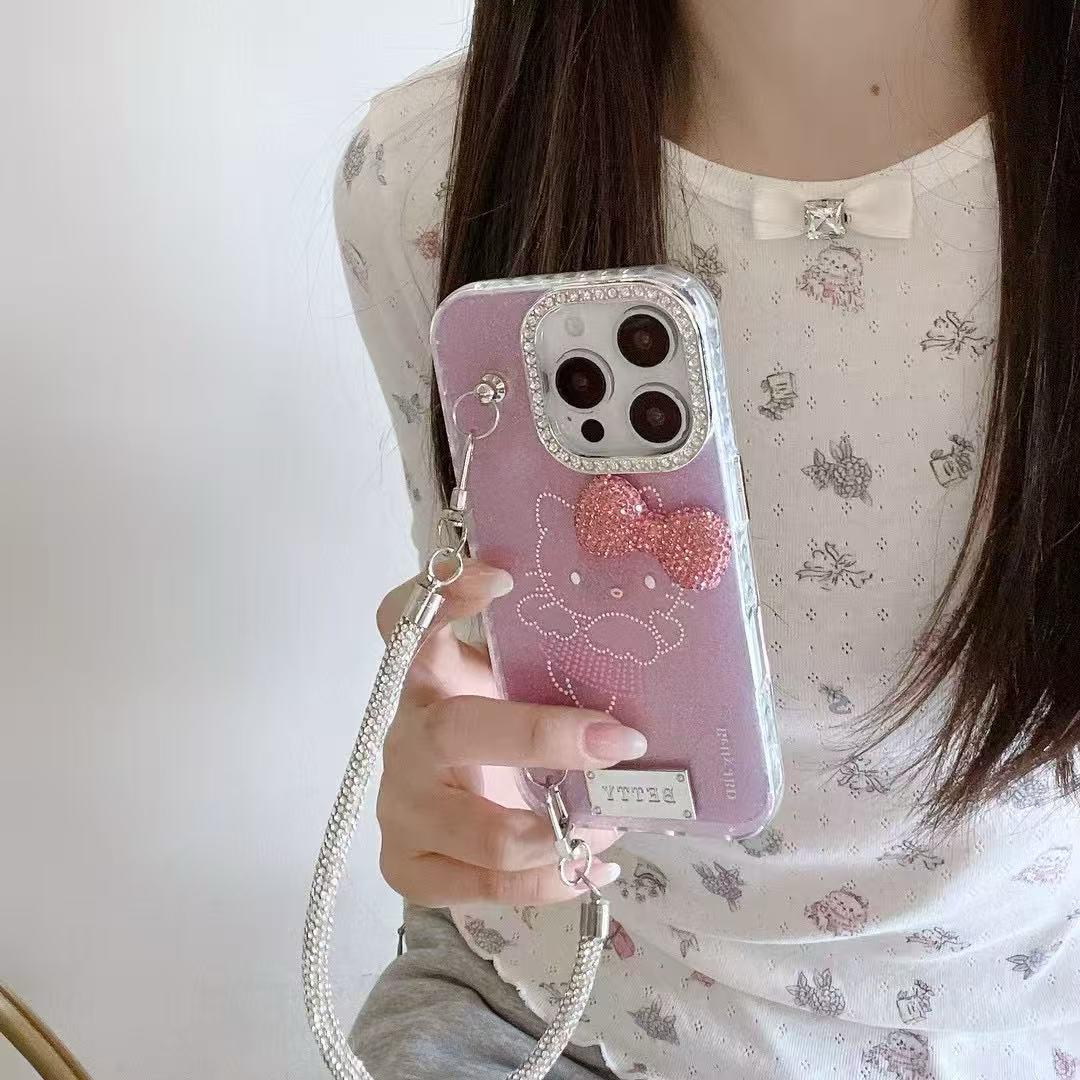 iPhone 16 Pro Max Cute Pink Ketty Case Cover With Pearl Charm