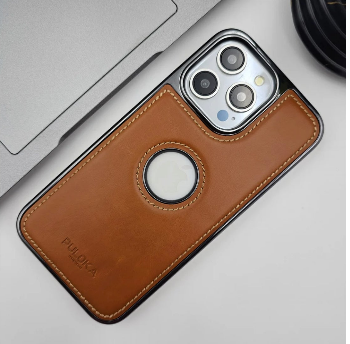 iPhone Stitched Leather Logo Cut Mobile Case Cover.