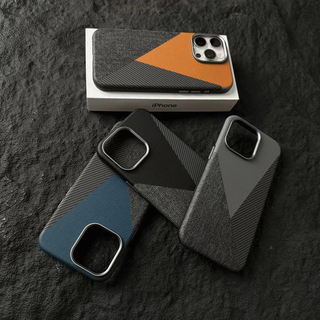 iPhone Series Leather Carbon Cloth Piece Design With Magsafe  Mobile case Cover