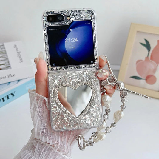Samsung Galaxy Z Flip 6 Heart Glass Diamond with Charms Mobile Case